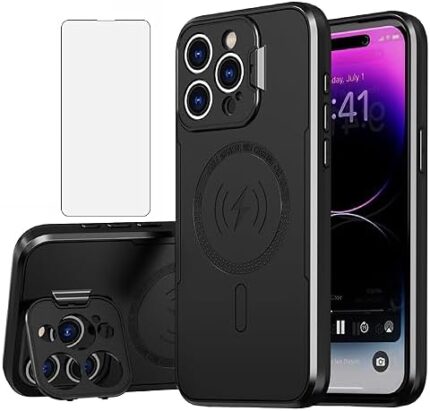 Asuwish Phone Case for iPhone 15 Pro Max 6.7 inch with Magsafe Tempered Glass Screen Protector and Stand Slim Cell Accessories Cover iPhone15promax 5G i Phone15Max Plus iPhone15 ProMax Women Men Black