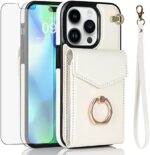 Asuwish Compatible with iPhone 15 Pro Max 6.7 inch Wallet Case Screen Protector and RFID Blocking Ring Card Holder Cell Phone Cover for iPhone15promax 5G i Phone15Max Plus iPhone15 ProMax Off White