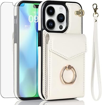 Asuwish Compatible with iPhone 15 Pro Max 6.7 inch Wallet Case Screen Protector and RFID Blocking Ring Card Holder Cell Phone Cover for iPhone15promax 5G i Phone15Max Plus iPhone15 ProMax Off White