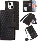 Asuwish Compatible with iPhone 15 Plus 6.7 inch Wallet Case Tempered Glass Screen Protector Flip Zipper Card Holder Cell Phone Cover for i-Phone 15+ iPhone15Plus 5G i i15 + iPhone15 15Plus Women Black