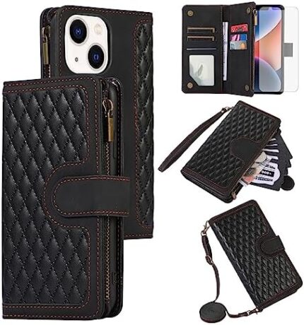 Asuwish Compatible with iPhone 15 Plus 6.7 inch Wallet Case Tempered Glass Screen Protector Flip Zipper Card Holder Cell Phone Cover for i-Phone 15+ iPhone15Plus 5G i i15 + iPhone15 15Plus Women Black