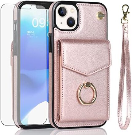 Asuwish Compatible with iPhone 15 Plus 6.7 inch Wallet Case Screen Protector and RFID Blocking Ring Card Holder Cell Phone Cover for i-Phone 15+ iPhone15Plus 5G i i15 + iPhone15 15Plus Women Rose Gold