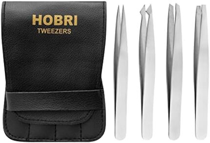 Tweezers Set, Eyebrows Tweezers Kit Professional Stainless Steel Tweezers Set - 4 Pieces with Leatherette Travel Case Perfect for Facial Hair, Beauty and Personal Care Tool (Silver)