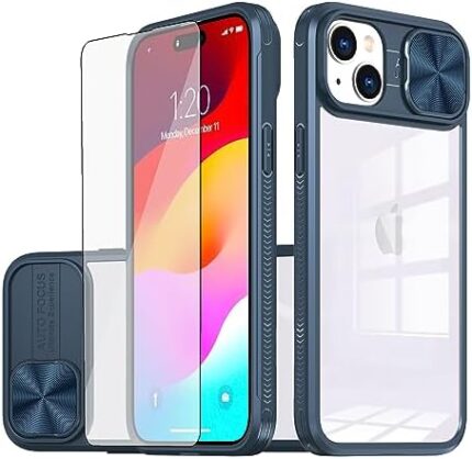 Asuwish Phone Case for iPhone 15 6.1 inch with Screen Protector Cover Camera Cover Slide 360 Full Body Protection Slim Clear Bumper Cell Accessories iPhone15 5G i i-Phone i15 15Case Women Men Blue