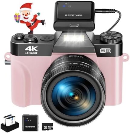VJIANGER 4K Digital Camera 48MP WiFi Vlogging Camera for YouTube with 180° Flip Screen, 16X Digital Zoom, 52mm Wide Angle & Macro Lens, 2 Batteries, 32GB TF Card(W02-Pink33)