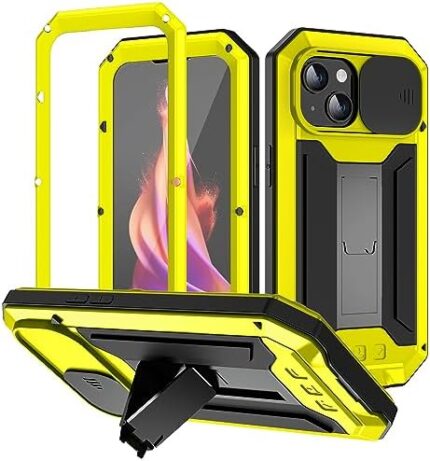 FONREST for iPhone-15 Rugged Full-Body Case w/ [Kickstand] [Sliding Camera Lens Cover] Metal Aluminum Armor Heavy Duty Shockproof Robust Tough Cover w/ [Tempered Glass Screen Protector] (Yellow)
