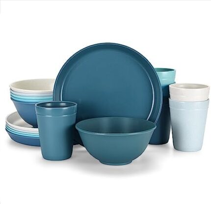 18-Piece Plates and Bowls Cups Set Wheat Straw Microwave Safe Plastic Dinnerware Set for Pasta,Cereal, Salad,Side Dishes,Kitchen, Camping, RV