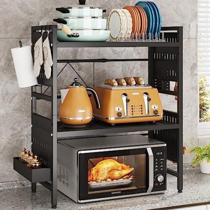 1Easylife Extendable Microwave Oven Rack, 3 Tiers Adjustable Microwave Stand with Spice Organizer & Paper Towel Holder, Black Oven Shelf Kitchen Countertop Organizer with Hooks & Cutting Board Holder
