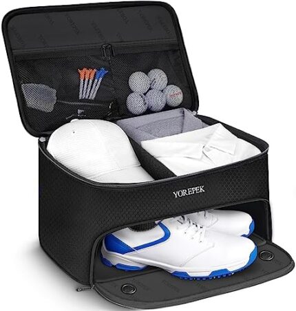 2 Layer Golf Trunk Organizer, Waterproof Car Golf Locker with Separate Ventilated Compartment for 2 Pair Shoes, Durable Golf Trunk Storage for Balls, Tees, Clothes, Gloves, Accessories, Golf Gifts