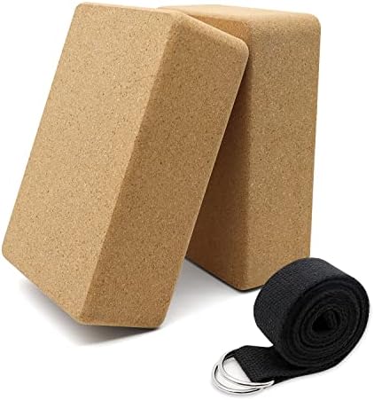 2 Pack Cork Yoga Blocks with Strap Set, 9"x6"x3" Yoga Blocks Cork, Natural Cork Non-slip Eco-friendly Yoga Equipment, Lightweight, Firm Yoga Brick for Stretching, Workout, and Pilates