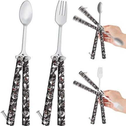 2 Pcs Butterfly Fork and Spoon Set, Tactical Butterfly Spoon Folding Stainless Steel Butterfly Fork for Travel BBQ Kitchen Camping Hunting (Black White Skull)