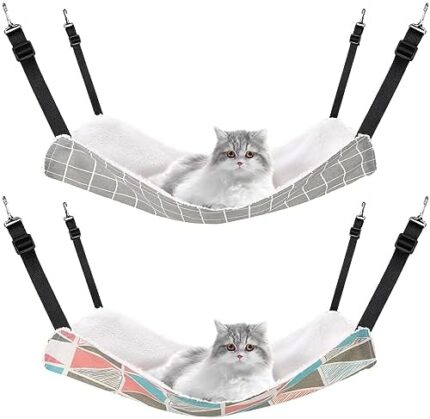 2 Pieces Reversible Cat Hanging Hammock Soft Breathable Pet Cage Hammock with Adjustable Straps and Metal Hooks Double-Sided Hanging Bed for Cats Small Dogs Rabbits (Geometry Pattern, L)