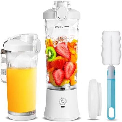 20oz Portable Blender, Personal Size Blender Smoothies and Shakes With 6 Blades, USB Rechargeable Blender Fruit Juicer with 2 Mixing Modes & LED Light, With for Kitchen Outdoor Gym Office (White)