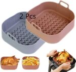 2Pcs Air Fryer Silicone Pot 8 Inch Silicone Air Fryer Liners Basket Food Safe Non Stick Air Fryer Accessories Reusable Replacement Parchment Air Fryer Liner Paper Fits 3.6 To 6.8QT Air Fryer Square