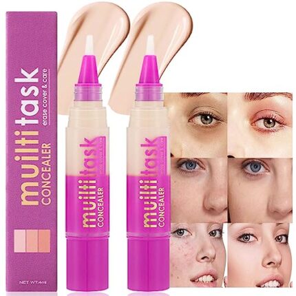 2Pcs Pro Concealer Stick Pen Pencil under Eye Bag Color Corrector Liquid Makeup for Dark Circles Spot Hydrating Full Coverage Face Primer Foundation corrector de ojeras maquillaje para mujer Natural 2