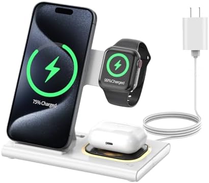 3 in 1 Foldable Charging Station for Apple Products,Fast Wireless Charger Travel Dock Adapter&Light for iPhone 15/14/13/12/11/X/XS/XR 8,iWatch Ultra2/9/Ultra/8/7/6/SE/5/4/3,Pods 3/2/Pro/2 (White)