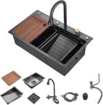 30"Kitchen Sinks Waterfall Black Stainless Steel Kitchen Sink Multi-Functional Farmhouse Undermount or Countertop Sink for Home & Kitchen Fashion Sink with Kitchen Sink Accessories and Pull-Out Faucet