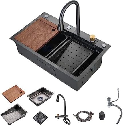 30"Kitchen Sinks Waterfall Black Stainless Steel Kitchen Sink Multi-Functional Farmhouse Undermount or Countertop Sink for Home & Kitchen Fashion Sink with Kitchen Sink Accessories and Pull-Out Faucet