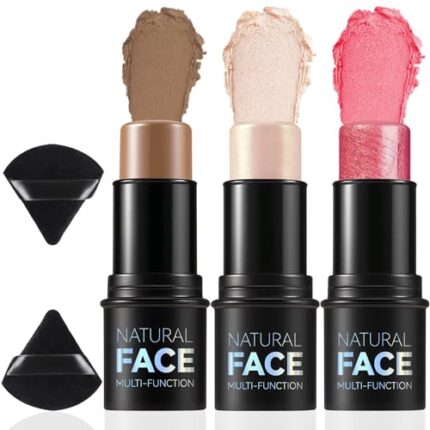 3Pcs Cream Contour Sticks and 2Pcs Powder Puff, Blush Bronzer Contour Highlighter Stick, Non-greasy and Waterproof Contouring Pen (02)