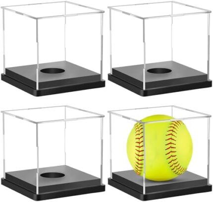 4 Pack Arcylic Softball Display Case Softball Holder Stand UV Protected Clear Championship Display Box Memorabilia Display & Storage Box Golf Ball Baseball Display Case
