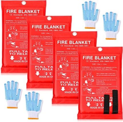 4 Sets Fire Blankets Emergency for Home Kitchen, Large Fiberglass Fire Suppression Blanket with Gloves Flame Retardant Survival Safety Blanket for Fireplace Office Warehouse Car Camping (79 x 79 Inch)