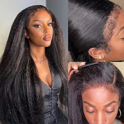 4C Kinky Curly Edges Hairline Kinky Straight 13X4 Lace Front Wigs Human Hair HD Transparent Lace Frontal Wigs 4C Natural Hairline with Curly Baby Hair Pre Plucked (18Inch, kinky straight 13x4 wig)