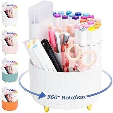 4Johor Pen Holder for Desk - Pencil Holder with 5 Compartments, 360°Rotating desk organizers and accessories for Women and Men,Desk Caddy for School,Teacher,Office,Art Supply. Tidy Desk, Tidy Mind