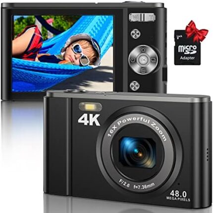 4K 48MP Digital Compact Pocket Camera with 16X Zoom 32GB SD Card, Point and Shoot Vlogging Camera for Adult Seniors Students Kids Beginner(Black)