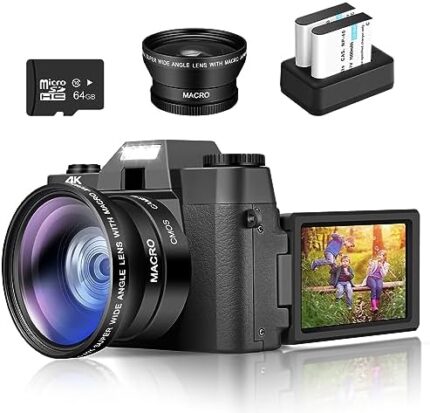 4K Digital Camera for Photography Autofocus Anti-Shake 48MP Vlogging Camera with 64GB Micro Card, 3'' 180° Flip Screen 16X Digital Zoom Travel Camera with Wide-Angle Lens & Macro Lens, 2 Batteries