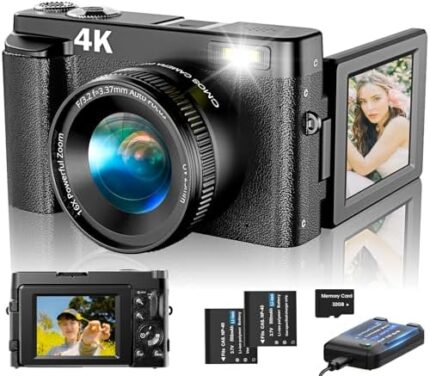 4K Digital Camera for Photography Autofocus, Upgraded 48MP Vlogging Camera for YouTube with SD Card, 3" 180 Flip Screen Compact Travel Camera with 16X Digital Zoom, Flash, Anti-Shake, 2 Batteries