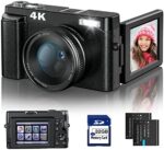 4K Digital Camera for Photography and Video Autofocus Anti-Shake, 48MP Vlogging Camera with SD Card, 3'' 180° Flip Screen Compact Camera with Flash, 16X Digital Zoom Travel Camera (2 Batteries)