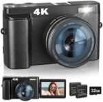 4K Digital Camera with Flash & Selfie, 48MP Camera for Photography with Autofocus 16X Zoom, Anti-Shake Vlogging Camera Compact Travel Digital Cameras with Flip Screen, 32GB Memory Card, Two Batteries