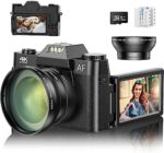 4K Vlogging Camera for YouTube, 48MP Digital Camera for Photography with 3”Flip Screen, 16x Digital Zoom and Video Autofocus Anti-Shake, Wide Angle Lens, Macro Lens, 2 Batteries, 32GB Micro SD Card