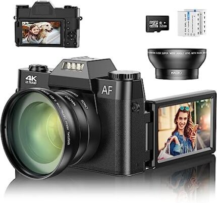 4K Vlogging Camera for YouTube, 48MP Digital Camera for Photography with 3”Flip Screen, 16x Digital Zoom and Video Autofocus Anti-Shake, Wide Angle Lens, Macro Lens, 2 Batteries, 32GB Micro SD Card