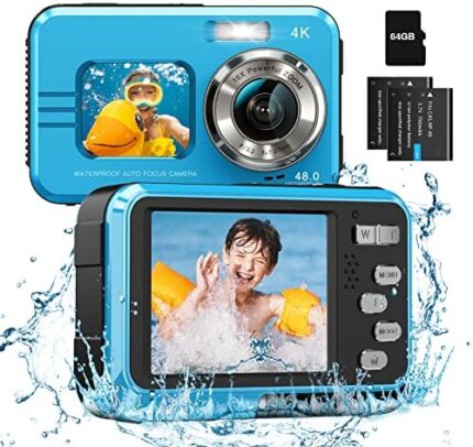 4K Waterproof Camera Underwater Camera 64GB Card Included in the Adapter Dual Screens Selfie 48MP 16X Digital Zoom Digital Camera Fill Light 11FT Underwater Camera for Snorkeling Kids with 2 Batteries