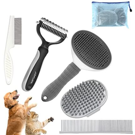 5-in-1 Dog Grooming Kit - Self-Cleaning Slicker Brush for Dogs and Cats - Shedding Brush for Short and Long Haired Pets - Includes Comb, Flea Comb, Bath Brush, Undercoat Rake - Complete Fur Care Set