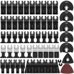 61pcs Oscillating Tool Blades, Royars Multi Tool Blades Kits Universal Quick Release Oscillating Saw Blades Replacement Parts, Includes 55pcs 9 Types Multitool Blades, Sanding Pad, 5X Sander Paper