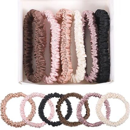 6Pcs Silk Hair Ties, Pure Mulberry Silk Hair Scrunchies No Damage Skinny Scrunchies Classic Colors for Curly Thick Hair Christmas Gift Women Girls