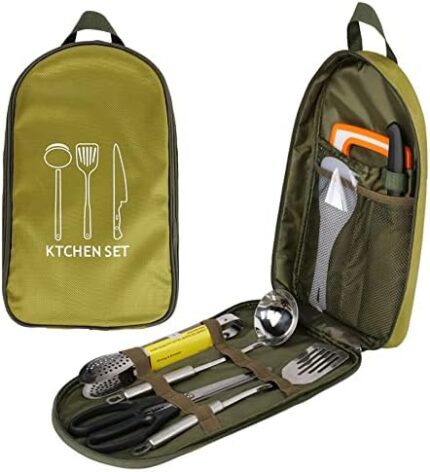 8 Piece Camp Kitchen Cooking Utensil Set Travel Organizer Grill Accessories Portable Compact Carry Case Water Resistant Case Picnic Bag Cooking Utensil Set Camping Hiking Travel Cookware Kit