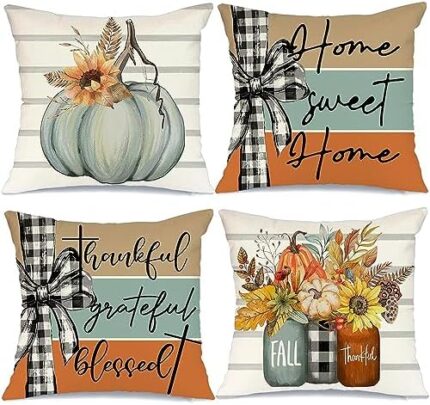 AACORS Fall Pillow Covers 18 x 18 Inch Set of 4, Pumpkin Home Sweet Home Thankful Grateful Blessed Harvest Floral Decorations Autumn Seasonal Pillow Case Decor for Sofa Couch AA275-18