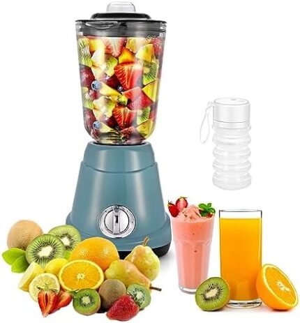 AIFEEL Blender for 800W Shakes, Smoothies and Puree, 3-Speed Control for Crushing Ice, With 35oz Glass Jar + 10oz Blend-In Portable Travel Jar (Blue)