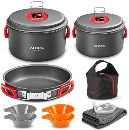 ALOCS Camping Cookware, Lightweight & Compact Camping Pots and Pans Set, Durable Camping Cooking Set, Camping Cookware Mess Kit for Outdoor Backpacking Camping Hiking Picnic