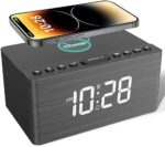 ANJANK Wooden Bluetooth Speaker Alarm Clock with Fm Radio, Wireless Charging Station for iPhone/Samsung, USB Charger Port, Dimmable Display, Sleep Timer, Digital Wood Clock for Bedroom, Bedside