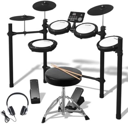 AODSK Electronic Drum Set,Electric Drum Kit for Beginner with 195 Sounds,Mesh Drum Pads,Drum Sticks,Heavy Duty Pedals,Drum Throne,Sticks Headphone Included,Light & Portable