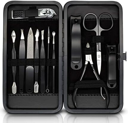 ASH ISLAND Nail Clippers Set - Black Stainless 12 in 1 For Men And Women Manicure Pedicure Travel Kit Luxury Nail File Sharp Nail Scissors Fingernails Toenails with Portable Stylish Case