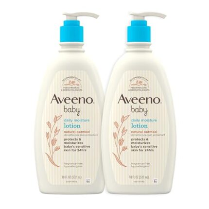 AVEENO BABY Daily Moisture Body Lotion for Delicate Skin, Natural Colloidal Oatmeal & Dimethicone, Hypoallergenic Moisturizing Lotion, Fragrance- & Paraben-Free, Twin Pack, 2 x 18 fl. oz