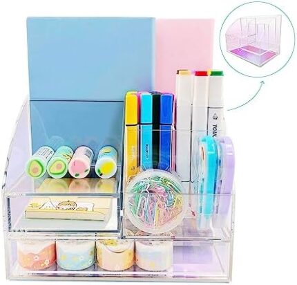 Acrylic Desk Organizer Seven Compartments for Office, Office Accessories, School, Student, Classroom, Dormitory, Dressing Room;Large Volume, Unique Design,Crystal Clear Acrylic(Rainbow Basement Color)