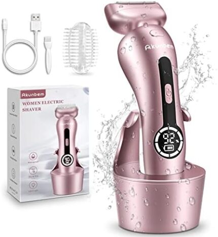 Akunbem Electric Razor for Women Legs Bikini Trimmer Shaver Underarm Public Hairs Rechargeable Womens Wet Dry Use Painless Cordless with Detachable Head (Pinkish)