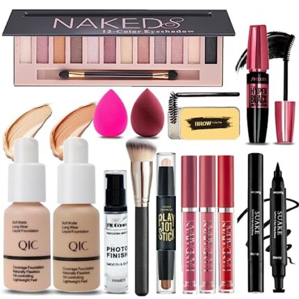 All in One Makeup Kit for Women Full Kit, Includes 12 Colors Shimmer Eyeshadow Palette, Foundation & Face Primer, Lipstick Set, Winged Eyeliner Stamp, Mascara, Contour Stick, Eyebrow Soap, Makeup Brush, Makeup Sponge, Make Up Gift Set for Women, Teens