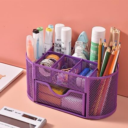 Almarto Purple Mesh Desk Organizer Desktop Office Supplies with 9 Compartments, Office Desktop Organizer with Drawer, Metal Pen Holder Stationery Caddy Multifunctional Organizer